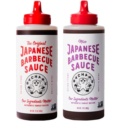 Two bottles of Bachan's Japanese Barbecue Sauce: \“The Original\“ and \“Miso\“ flavors, both with a red cap and emphasizing an authentic family recipe.