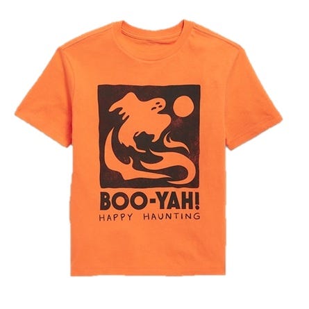 Orange T-shirt featuring a black graphic of a ghost and moon, with the text \“BOO-YAH! Happy Haunting.\“