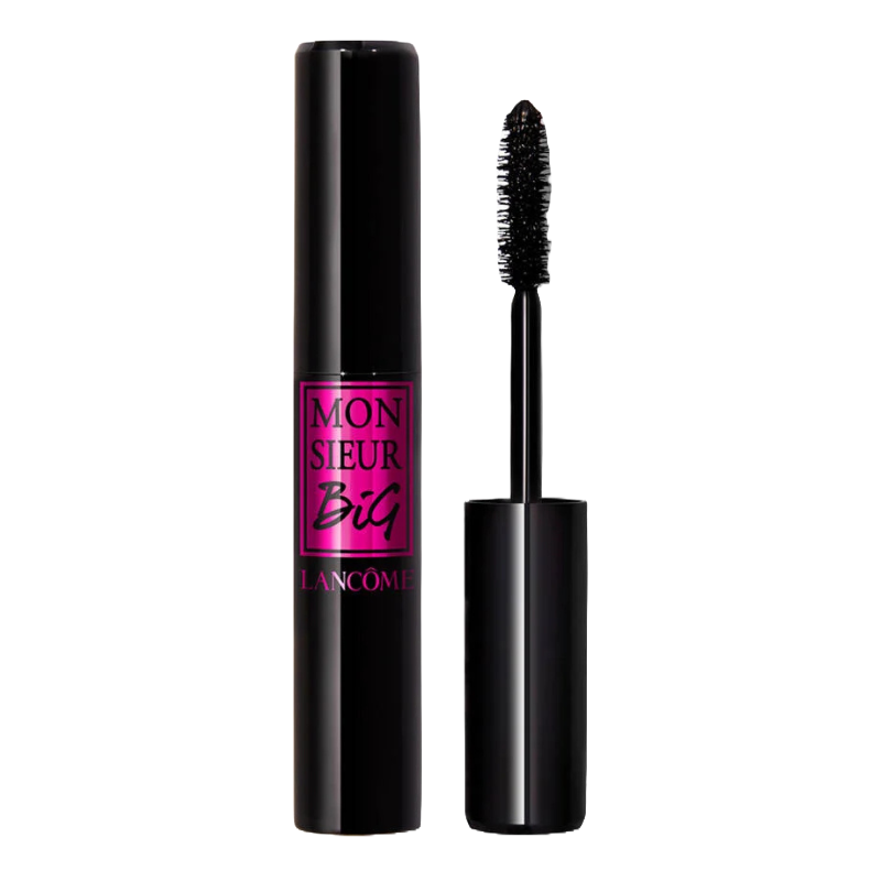 Lancôme Monsieur Big Volume Mascara features a black tube with a matching applicator wand, promising bold volume and intense color for dramatic eyelashes.