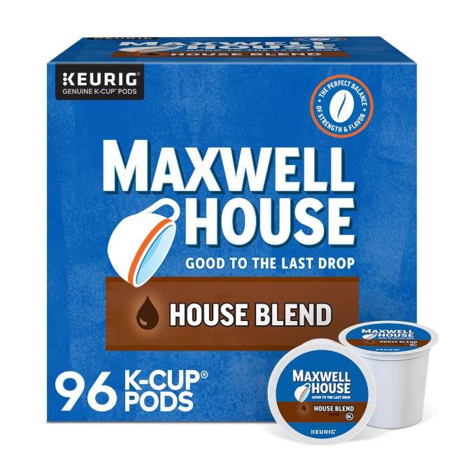 Maxwell House House Blend K-Cups, 96-count, designed for Keurig brewers, with branding that highlights a balance of strength and flavor and the slogan \“Good to the Last Drop.\“