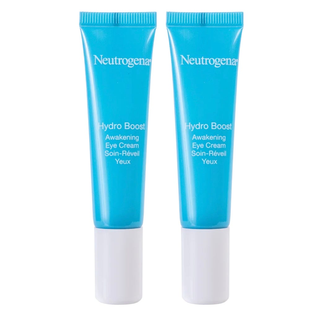 Two tubes of Neutrogena Hydro Boost Awakening Eye Cream with blue packaging and white caps.