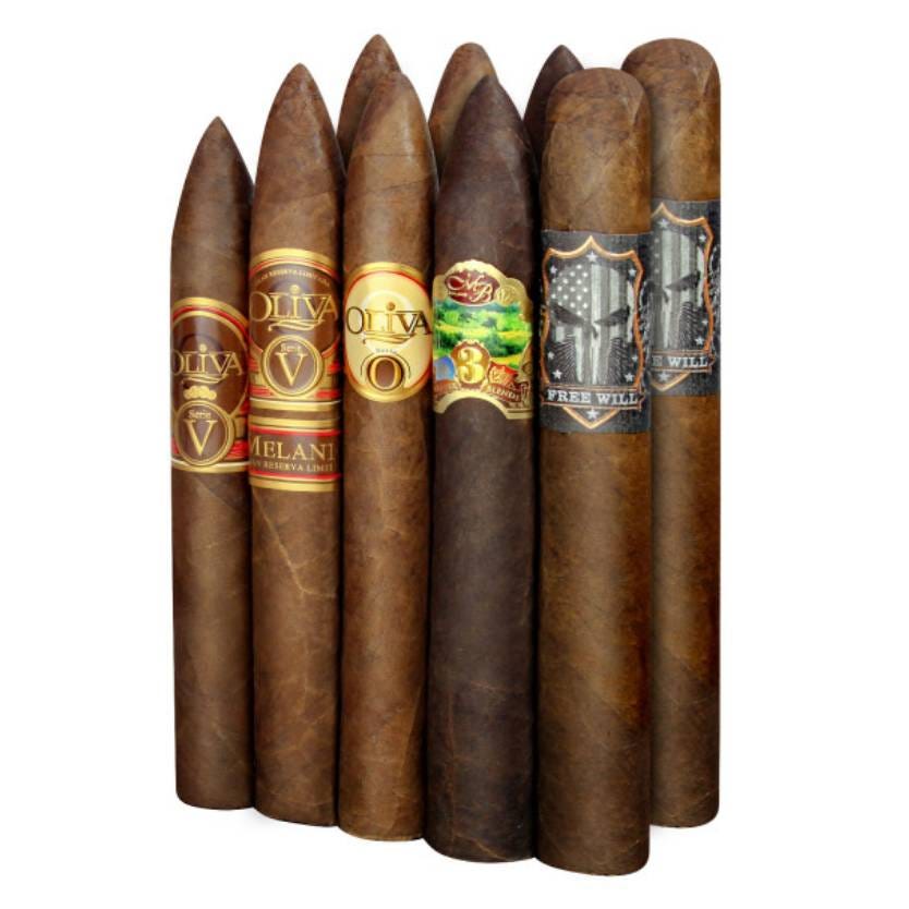 Five cigars with different labels and shades of brown.