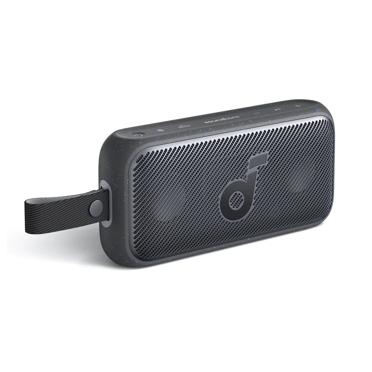 The Soundcore Motion 300 Speaker is a portable Bluetooth speaker with a sleek rectangular design, featuring a speckled black finish, a prominent logo on its mesh grille, and a convenient carrying handle.