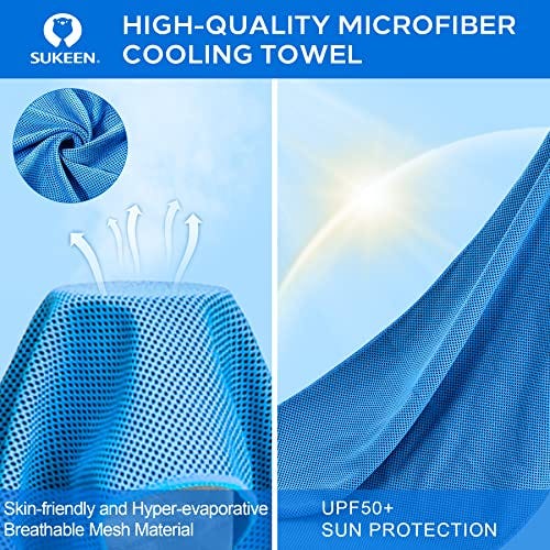 This is a collage of two images showcasing blue cooling towels, featuring a skin-friendly, hyper-evaporative mesh on the left, and UV protection fabric on the right.