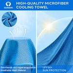 This is a collage of two images showcasing blue cooling towels, featuring a skin-friendly, hyper-evaporative mesh on the left, and UV protection fabric on the right.