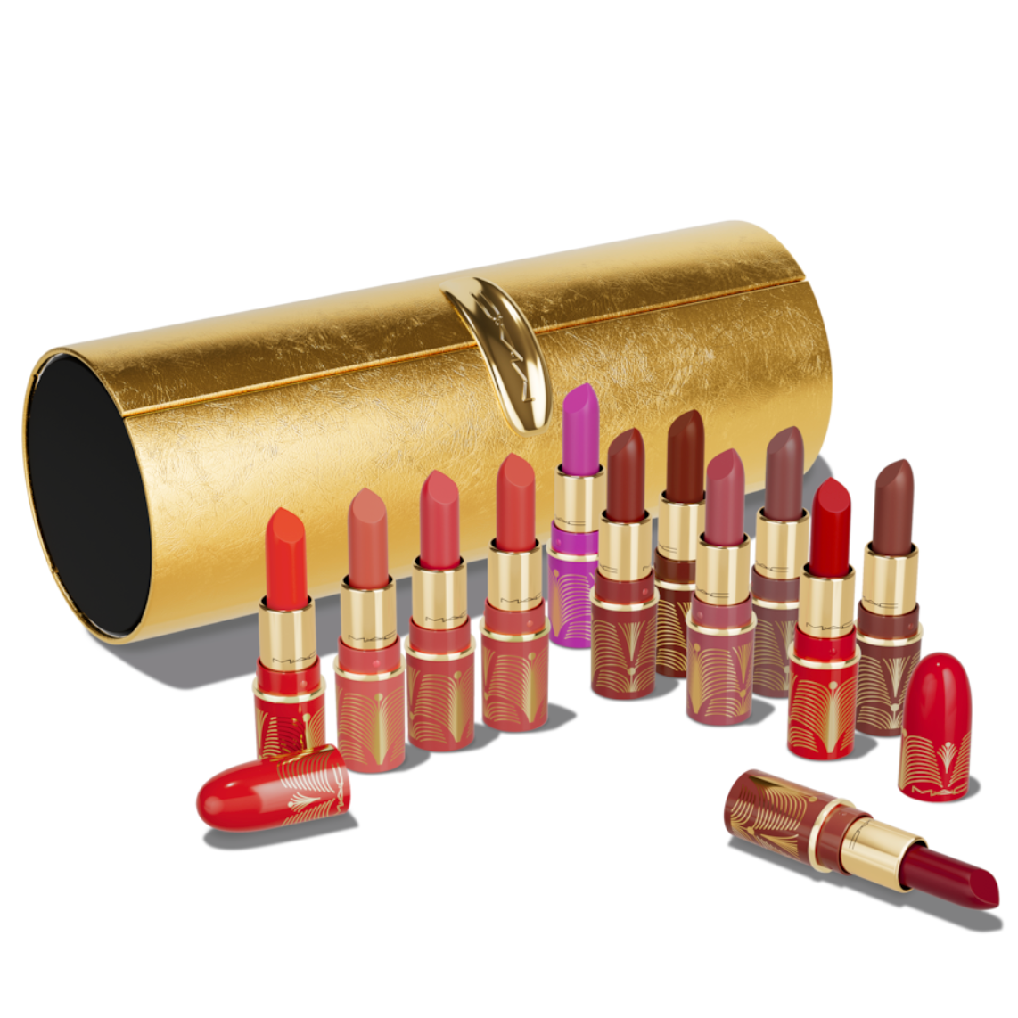 A collection of lipsticks displayed with shades ranging from vibrant reds and pinks to browns and purples, featuring gold caps. The set includes a decorative gold cylindrical case.