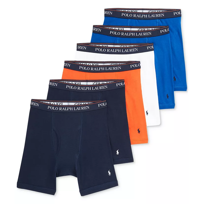 A collection of men's boxer briefs in various solid colors with a branded waistband.