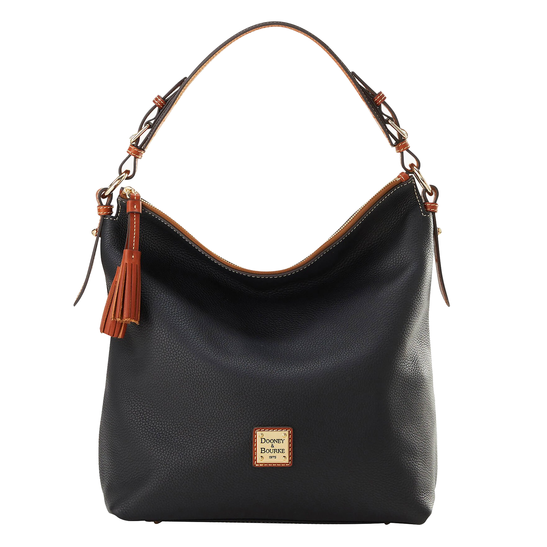 Dooney & Bourke Large Leather Hobo with a slouchy silhouette, black pebbled leather body, tan accents, single shoulder strap, and tassel detail. It features a gold-tone logo plaque on the front.