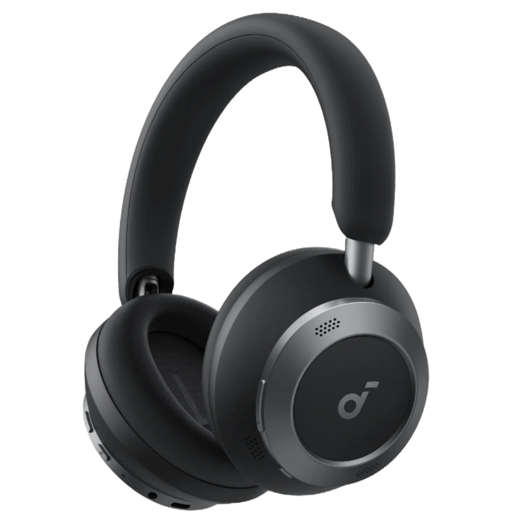 Over-ear headphones with a black and silver design, featuring a padded headband and cushioned ear cups, likely indicating a focus on comfort and possibly noise cancellation.