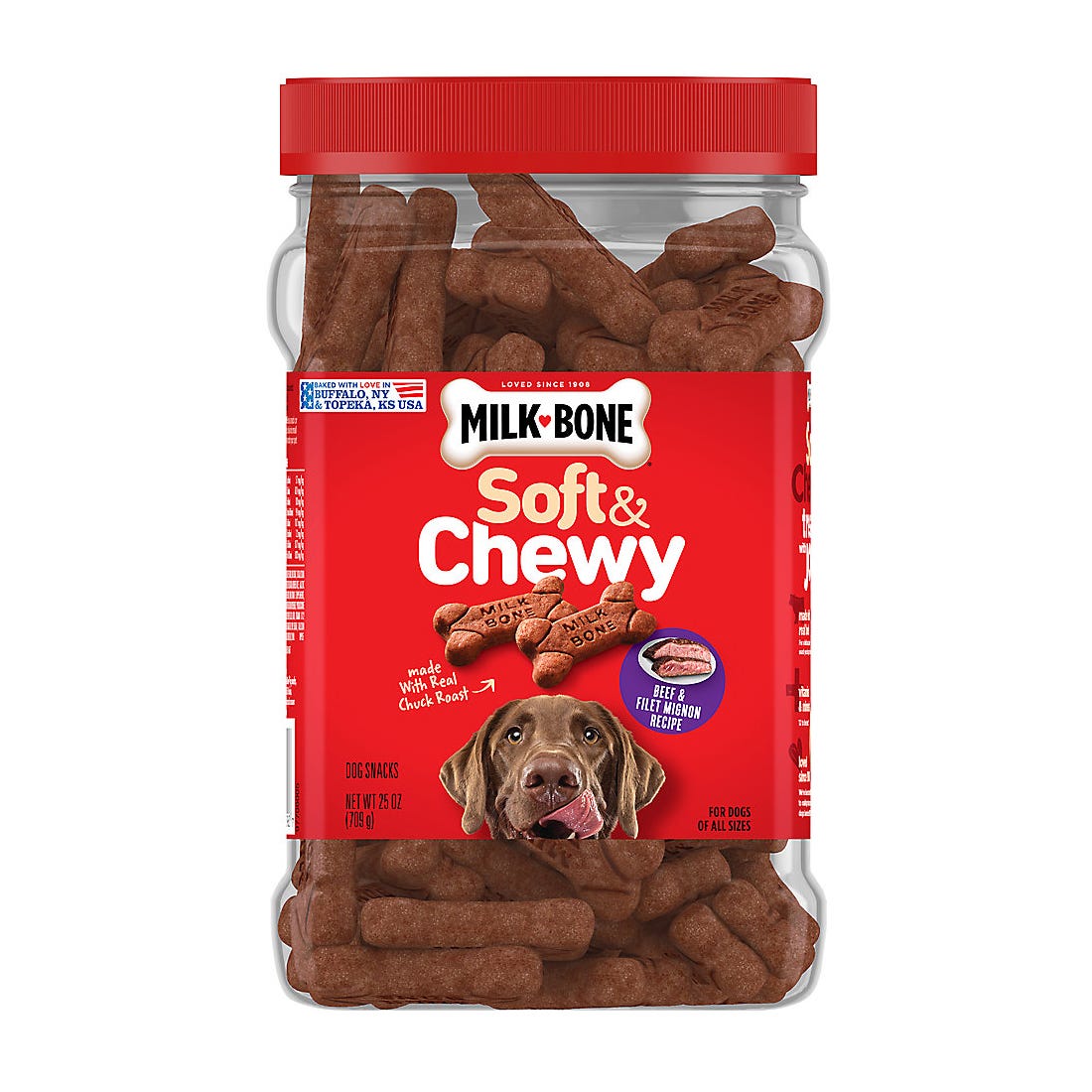 A clear jar of Milk-Bone Soft & Chewy dog treats with beef & filet mignon flavor, marked for dogs of all sizes.