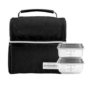 Black insulated lunch tote with a handle and a zipper, accompanied by two clear, round glass containers with measurement markings on the sides.