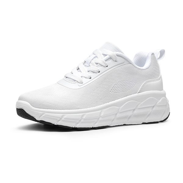 White athletic sneaker with a chunky sole and lace-up front.