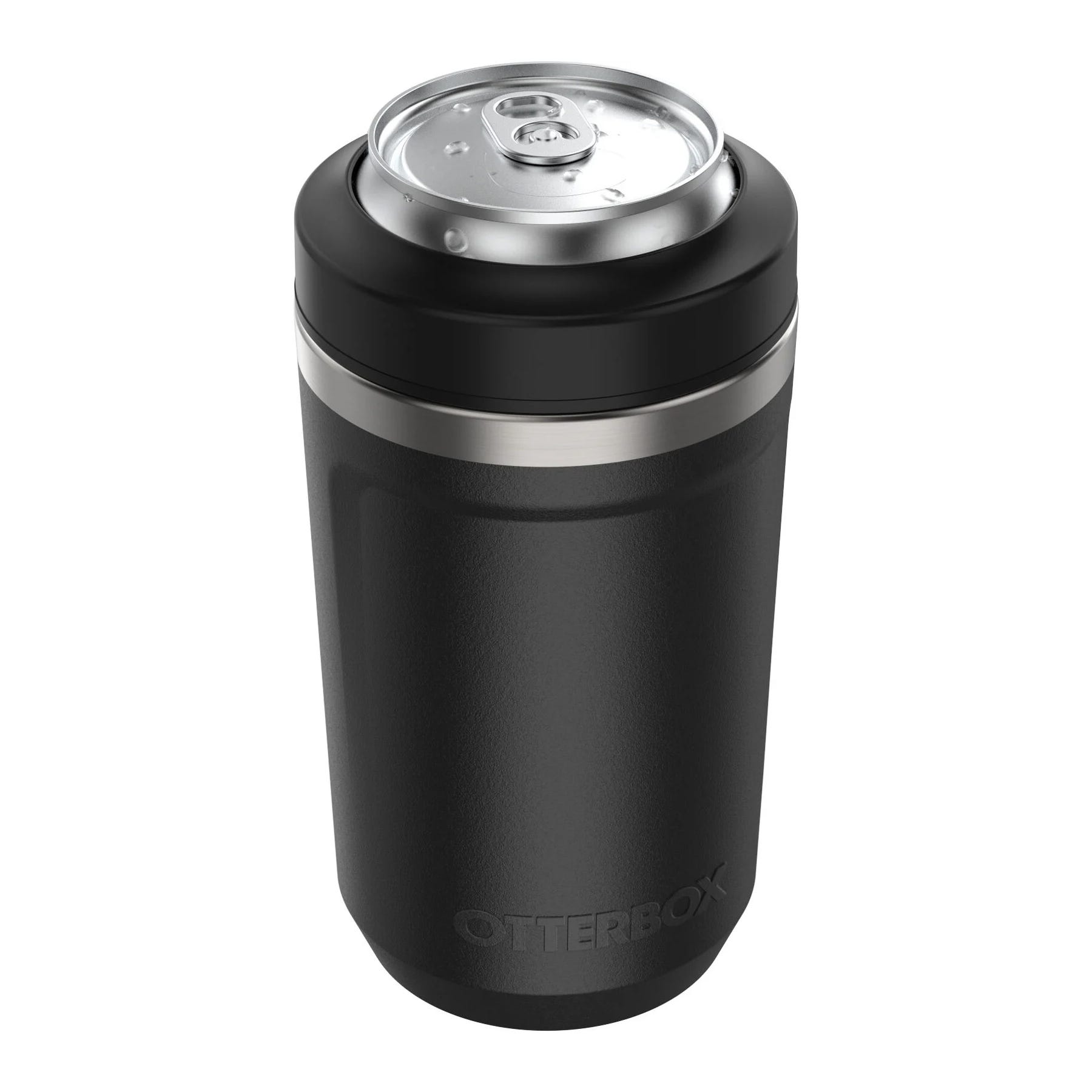 A black Otterbox can cooler with a metallic rim and top, designed to insulate a beverage can. The Otterbox logo is embossed on the side.