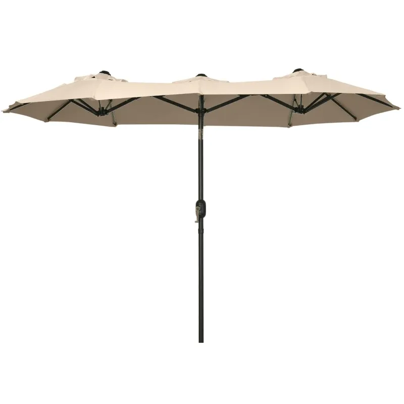 This is a beige 9-foot double-sided outdoor umbrella with two canopies connected to a central pole featuring a crank handle mechanism.