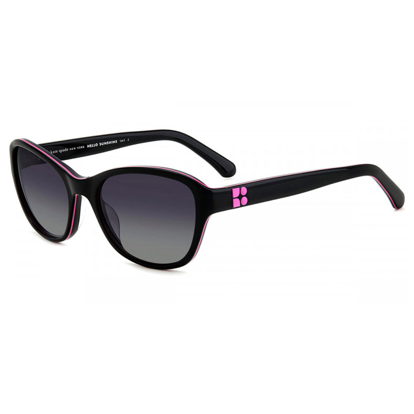 Kate Spade polarized sunglasses with black frames, pink accents, and gradient lenses. The temples feature a pink logo design.