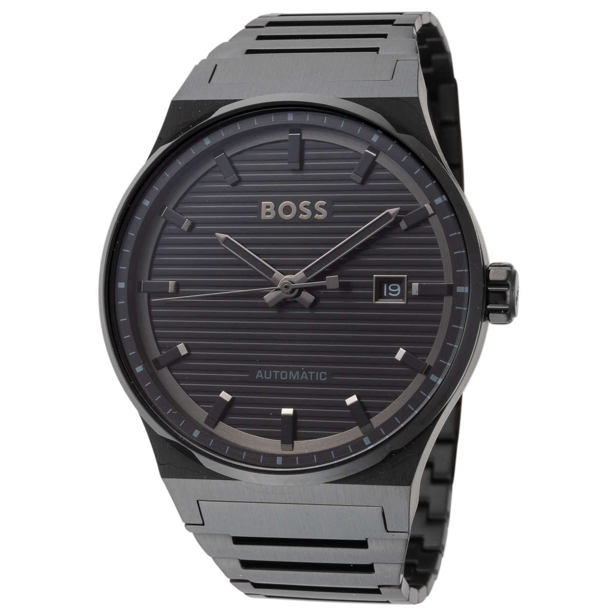 A sleek BOSS wristwatch with a black metal band and dark textured dial, featuring silver hands, index markers, date display at 3 o'clock, and \“AUTOMATIC\“ inscribed above the 6 o'clock position.
