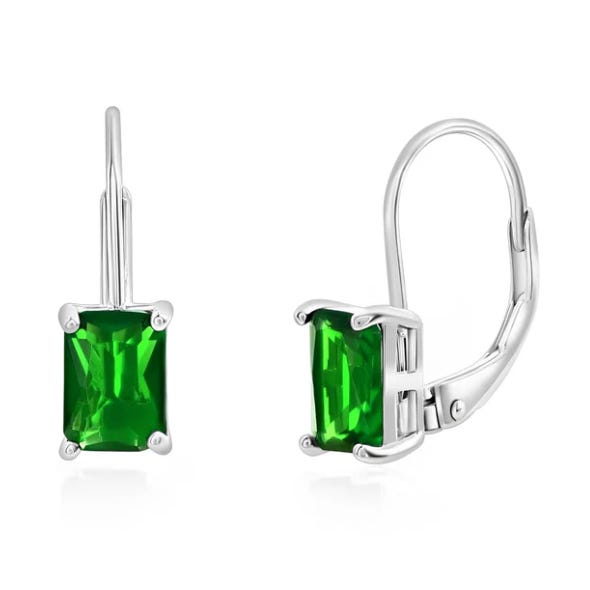 Silver lever-back earrings with rectangular green gemstones in a prong setting.