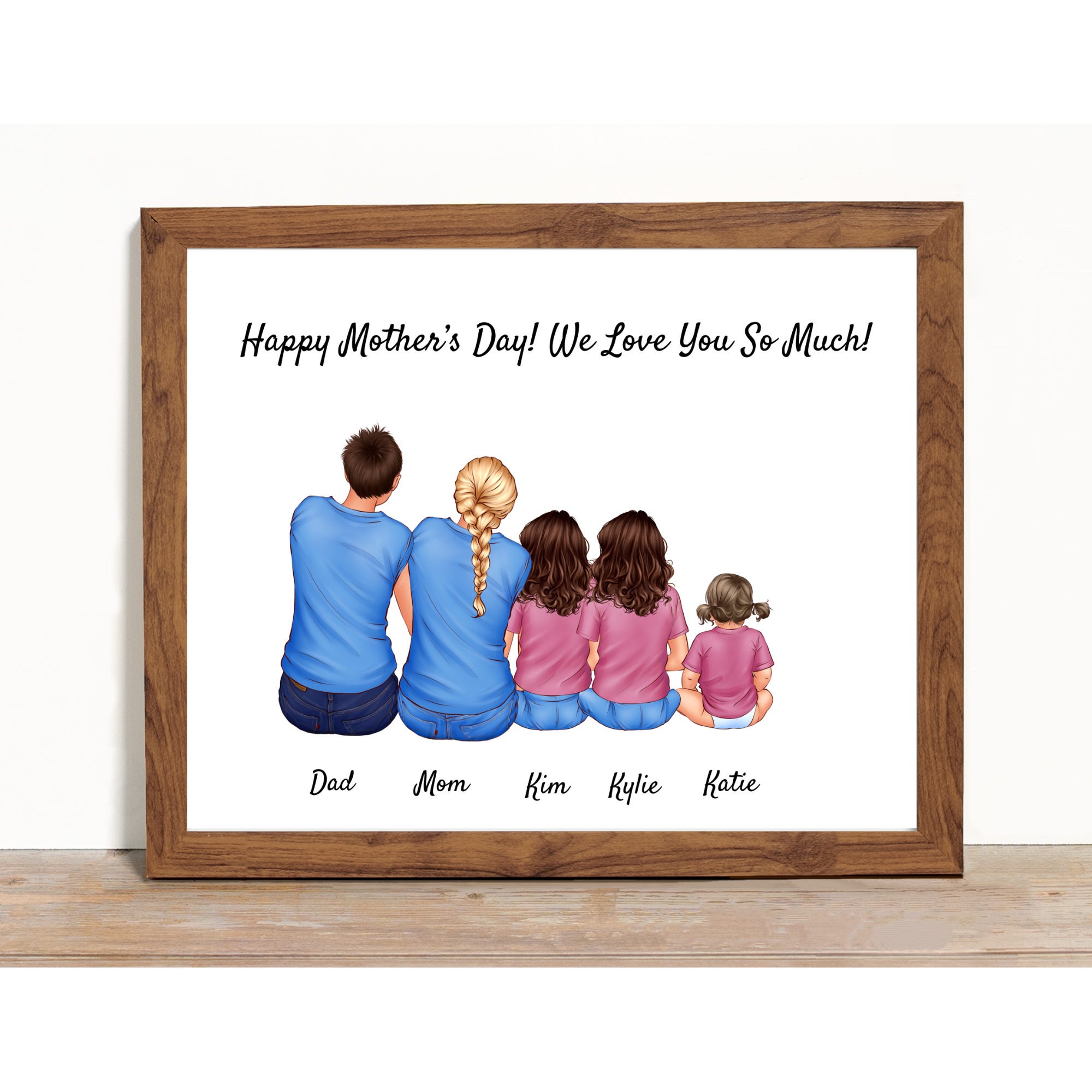 Illustration of a family sitting together, viewed from behind, with a Mother's Day greeting and personalized names for family members, displayed in a wooden frame.
