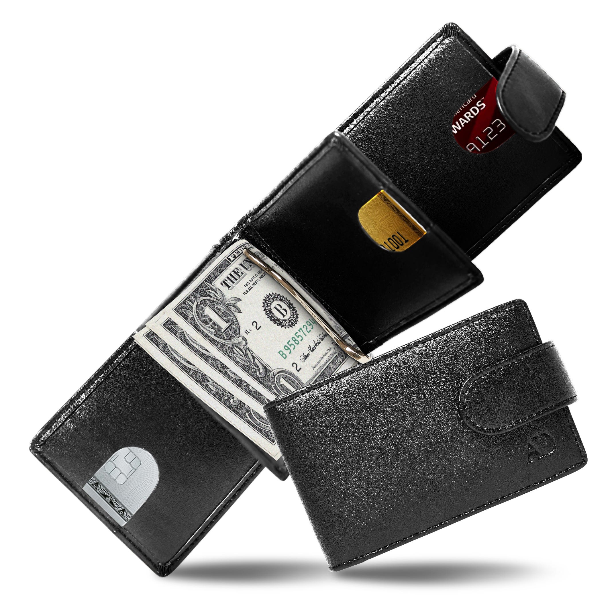 Two black leather wallets, one with money and credit cards, and the other with a visible coin pouch.