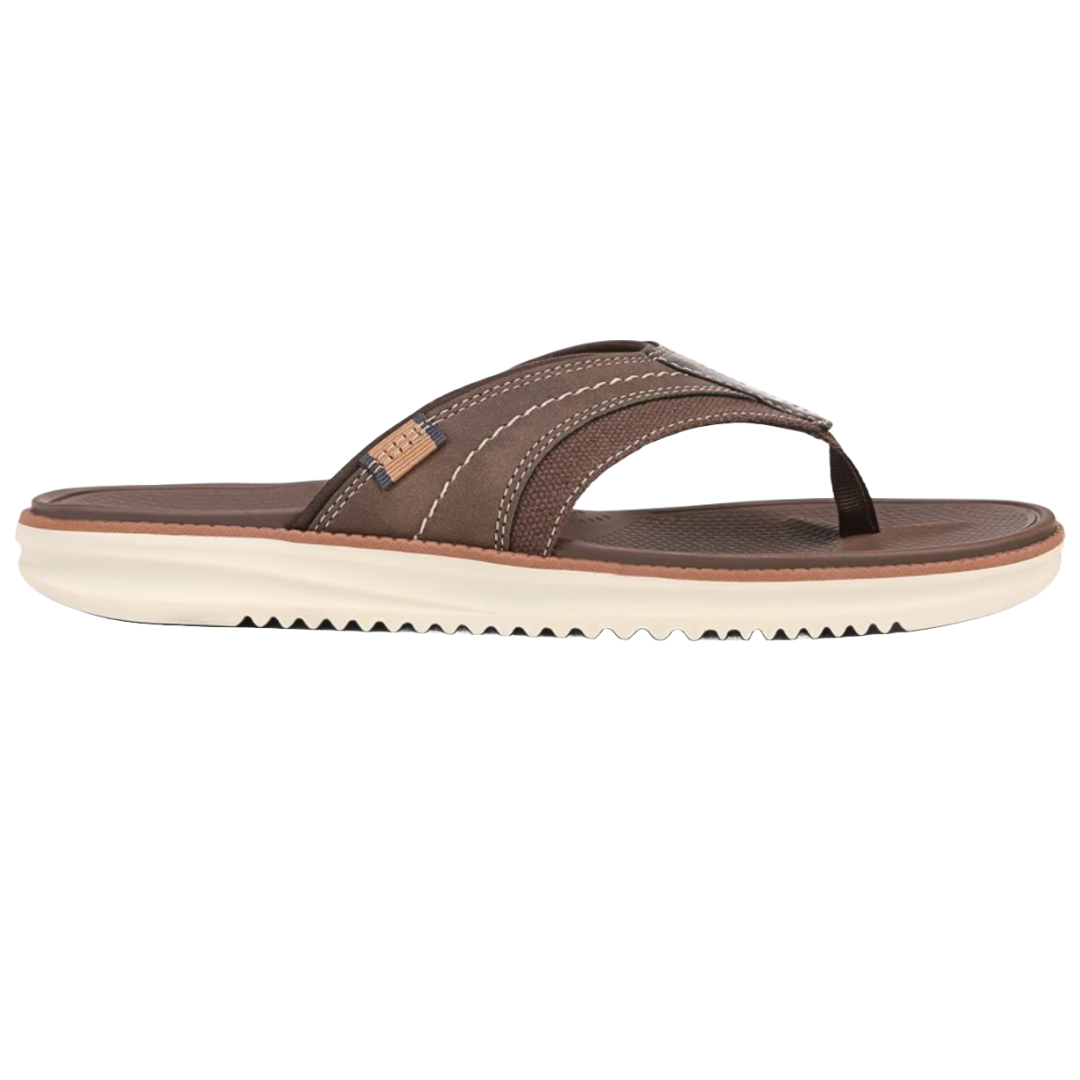 Brown Dr. Scholl's men's sandals featuring a thong-style strap with contrast stitching on a cushioned sole and textured white outsole for added grip.