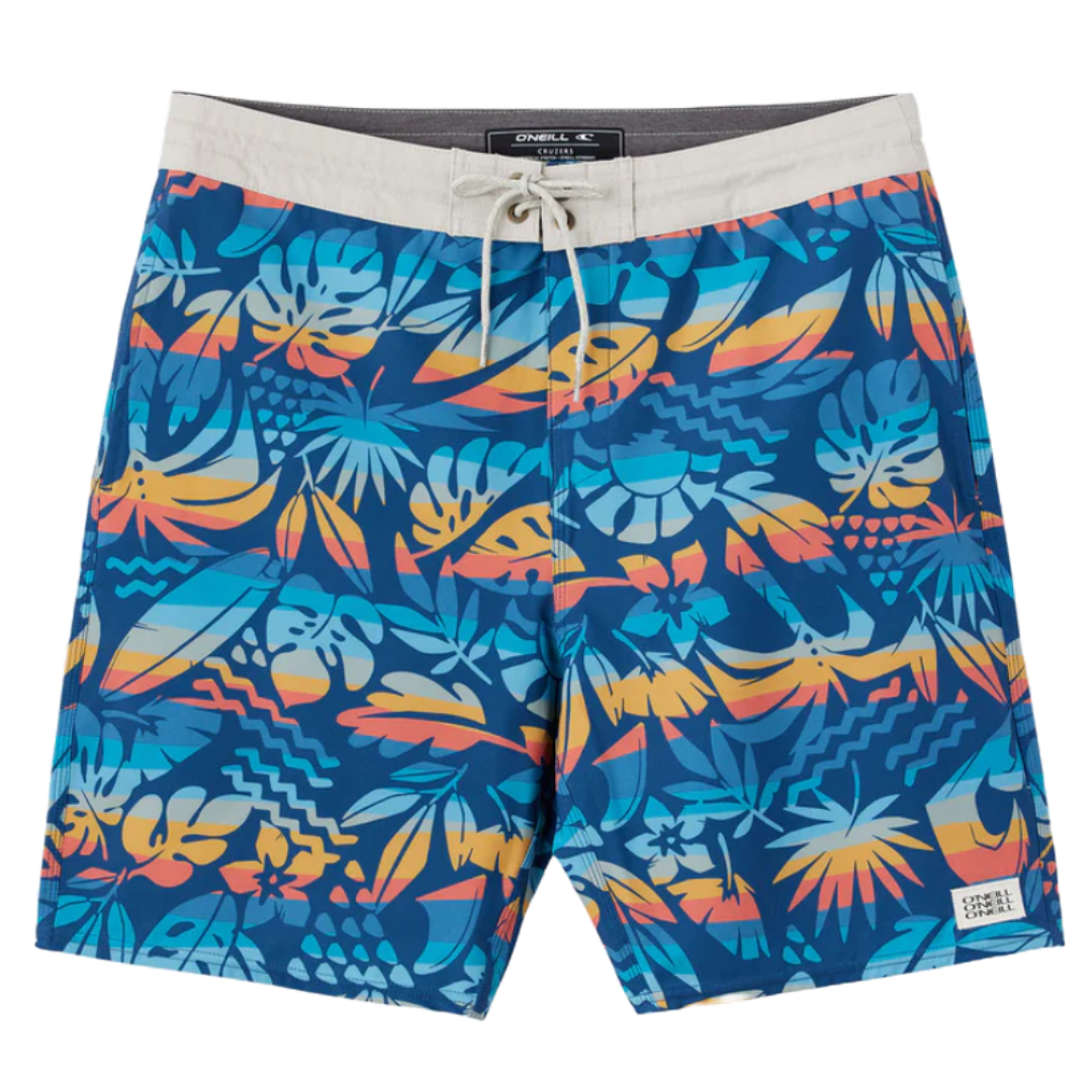 O'Neill Boardshorts featuring a vibrant tropical pattern with blue, orange, and yellow leaves and flowers on a blue background, a light-colored waistband, and a drawstring closure.