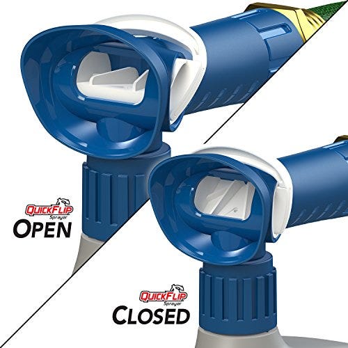 Blue and white hose-end sprayer with an open and closed nozzle setting for controlling the flow of insect repellent liquid.