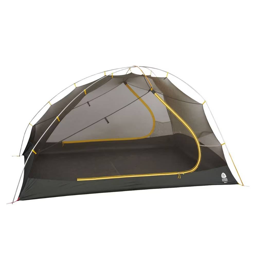 Mesh camping tent with a yellow zipper and poles, offering good ventilation and visibility.