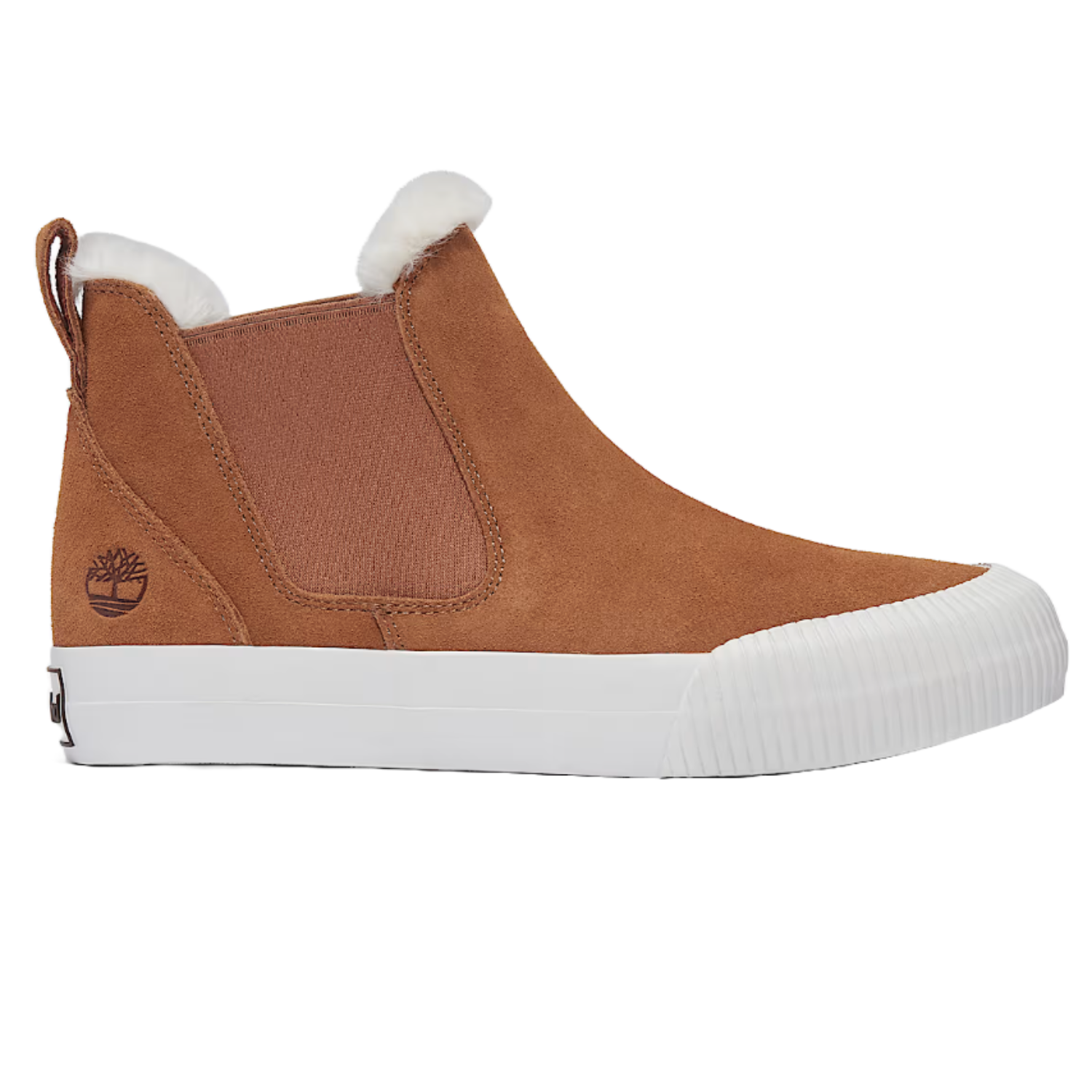 Timberland Skyla Bay Lined Sneakers feature a tan suede exterior, elastic side panels, a white rubber sole, and a cozy faux-fur lining. The Timberland logo is embossed on the side heel.