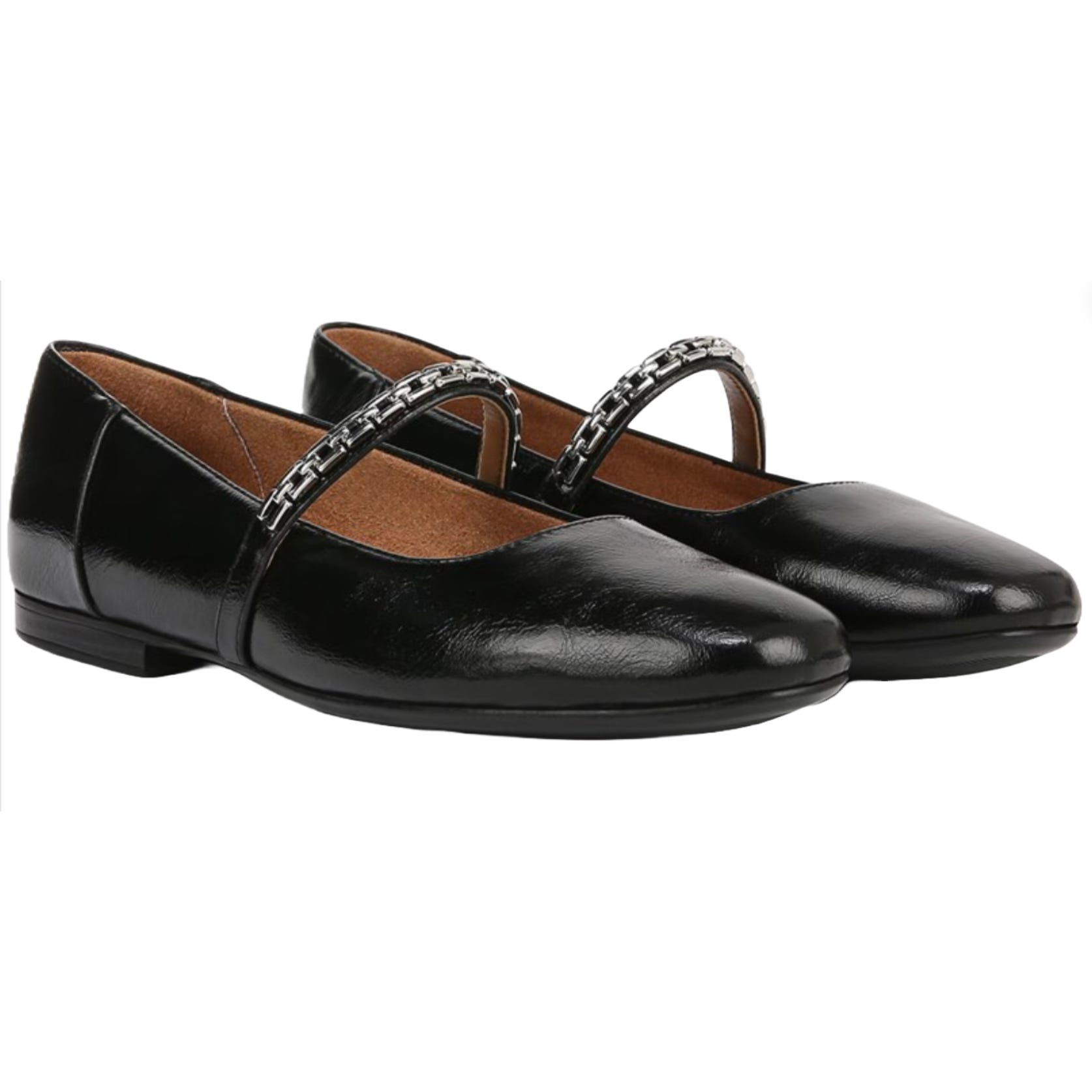Black Mary Jane flats with a shiny finish and a decorative strap across the top featuring a chain design.