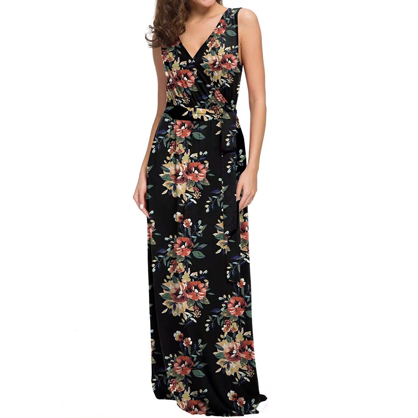 A black floral printed maxi dress with a v-neckline and a waist tie detail.