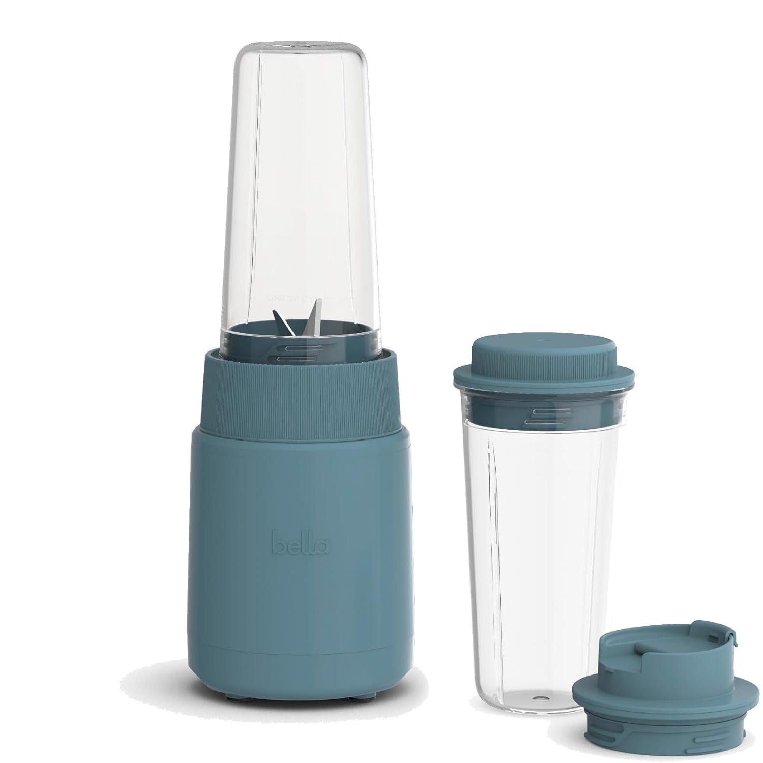 Compact blue blender with two clear blending cups and two lids, one for drinking.