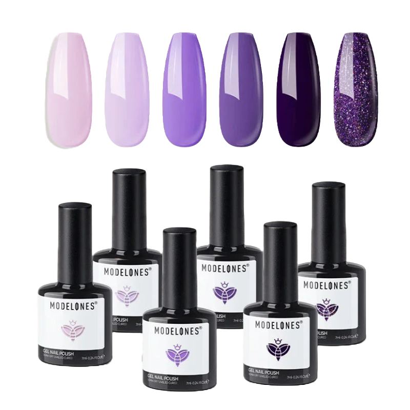 Modelones 6-piece gel nail polish set features shades from light lavender to deep purple, including a glittery option. Each bottle is 7ml, offering a range of purple tones for varied nail art.