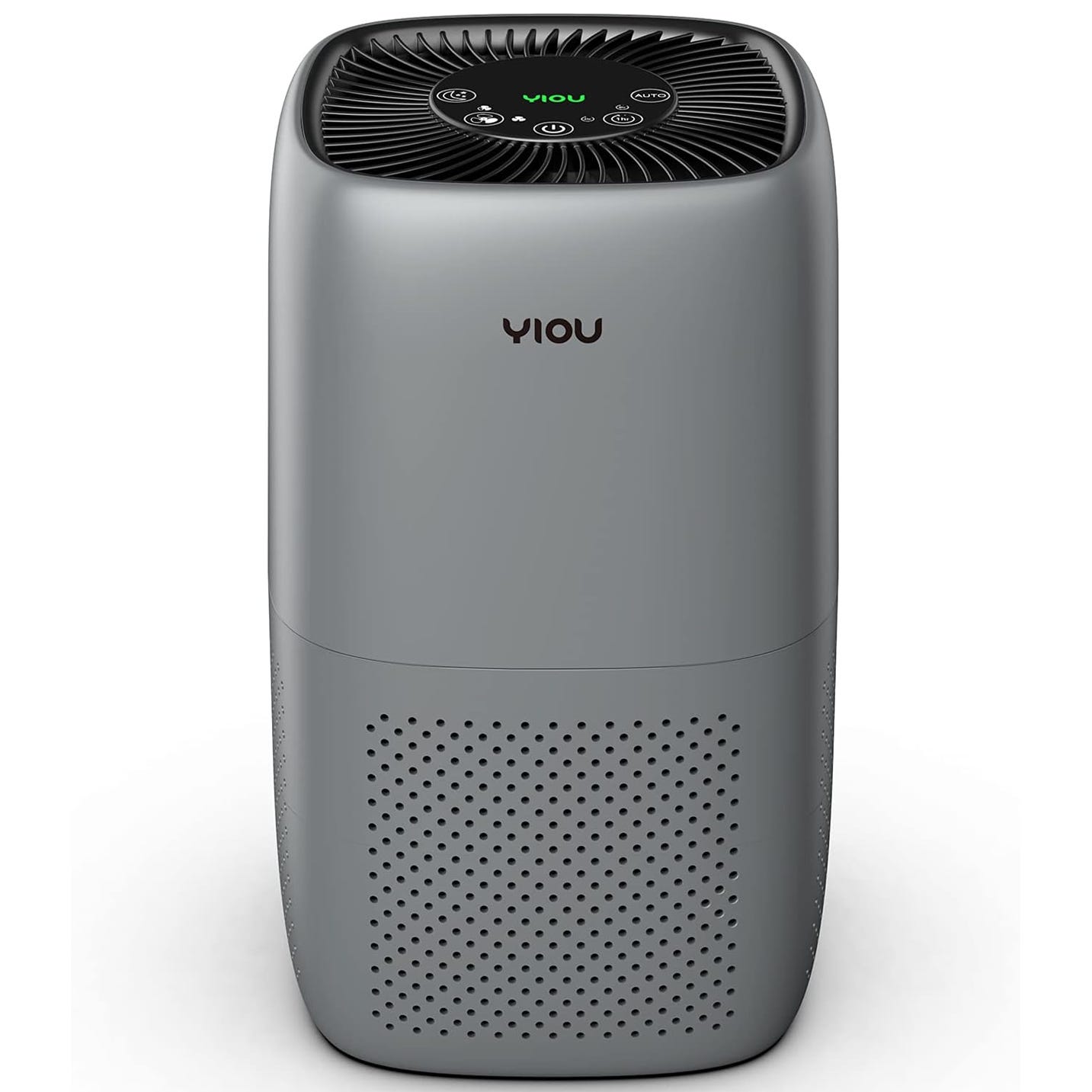 A Yiou air purifier in a sleek, grey design with a perforated bottom section and touch controls on the top.