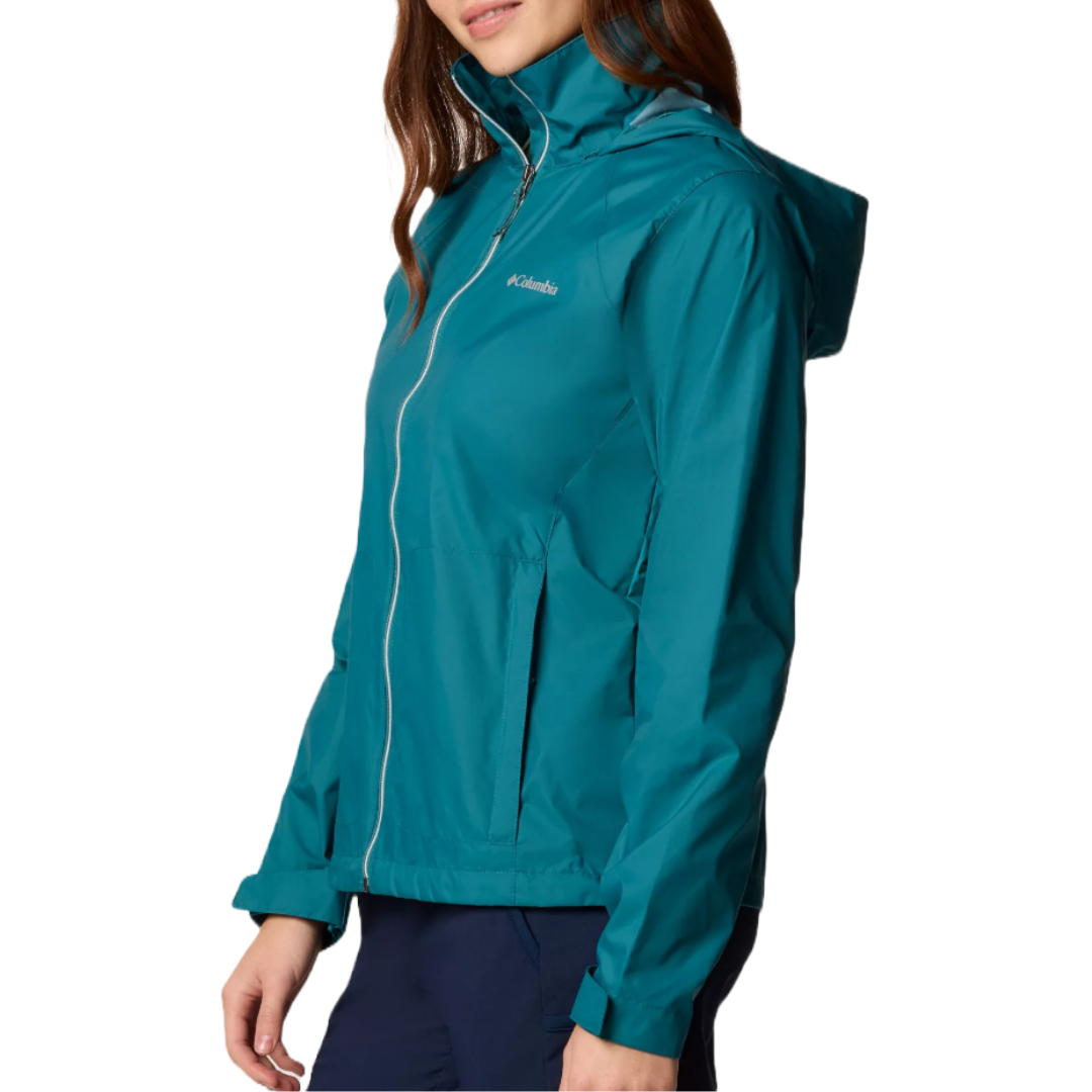 A teal Columbia rain jacket with a hood and full-zip closure, designed for outdoor activities.