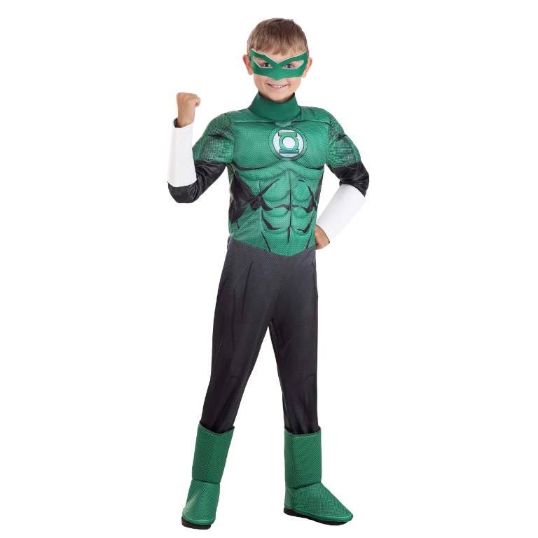 A child is wearing a Green Lantern costume with a mask, featuring a green top with muscle print, black bottoms, and green boot covers.