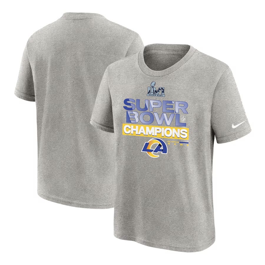 Gray T-shirt with \“Super Bowl Champions\“ text, featuring the Los Angeles Rams logo and a Nike logo on the sleeve.