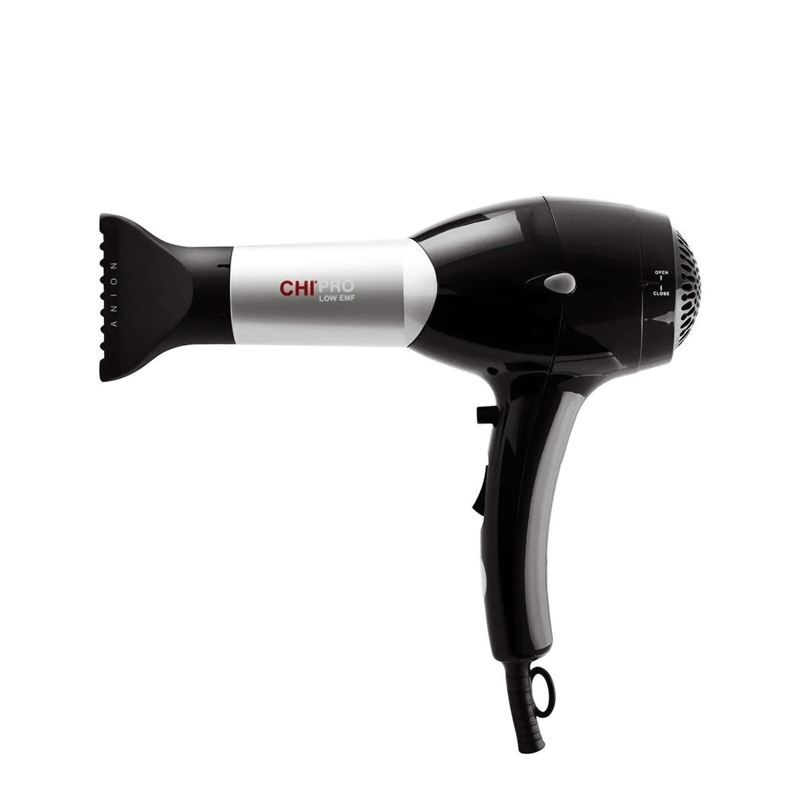 A black and silver hairdryer labeled \“CHI PRO\“ with \“LOW EMF\“ and \“ANION\“ on the nozzle, featuring a sleek design and a control switch on the handle.