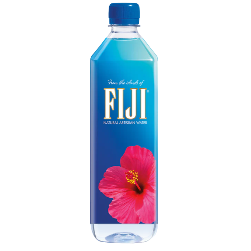 Fiji Water bottle featuring a blue label with a pink hibiscus flower and text that reads \“From the islands of FIJI Natural Artesian Water.\“
