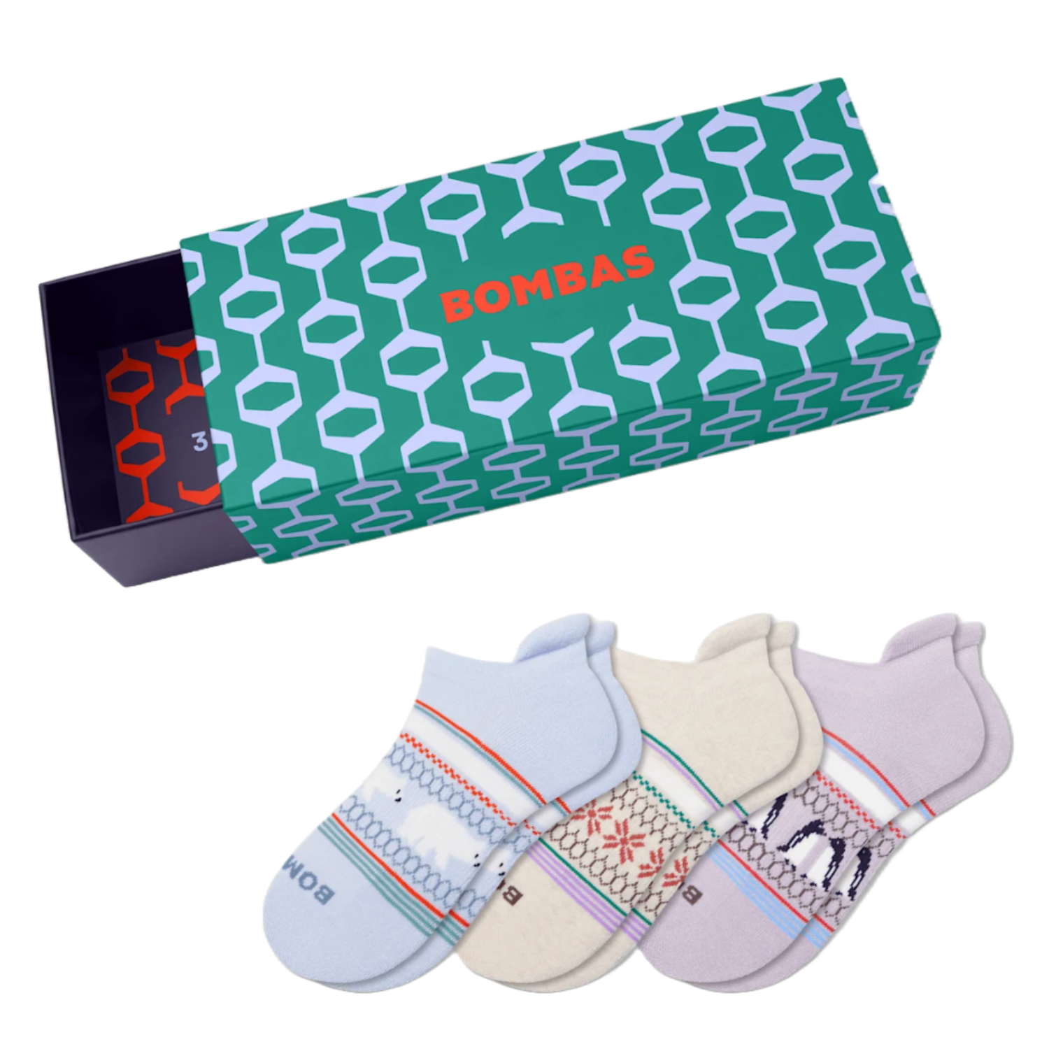 The Holiday Ankle Sock 3-Pack Gift Box features a set of three ankle socks with festive designs and soft colors, packaged in a patterned green box with \“BOMBAS\“ in red.