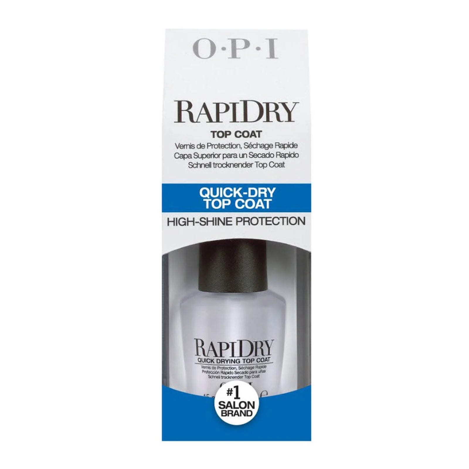 OPI RapiDry Top Coat provides quick-dry, high-shine protection for nails; labeled as #1 salon brand.