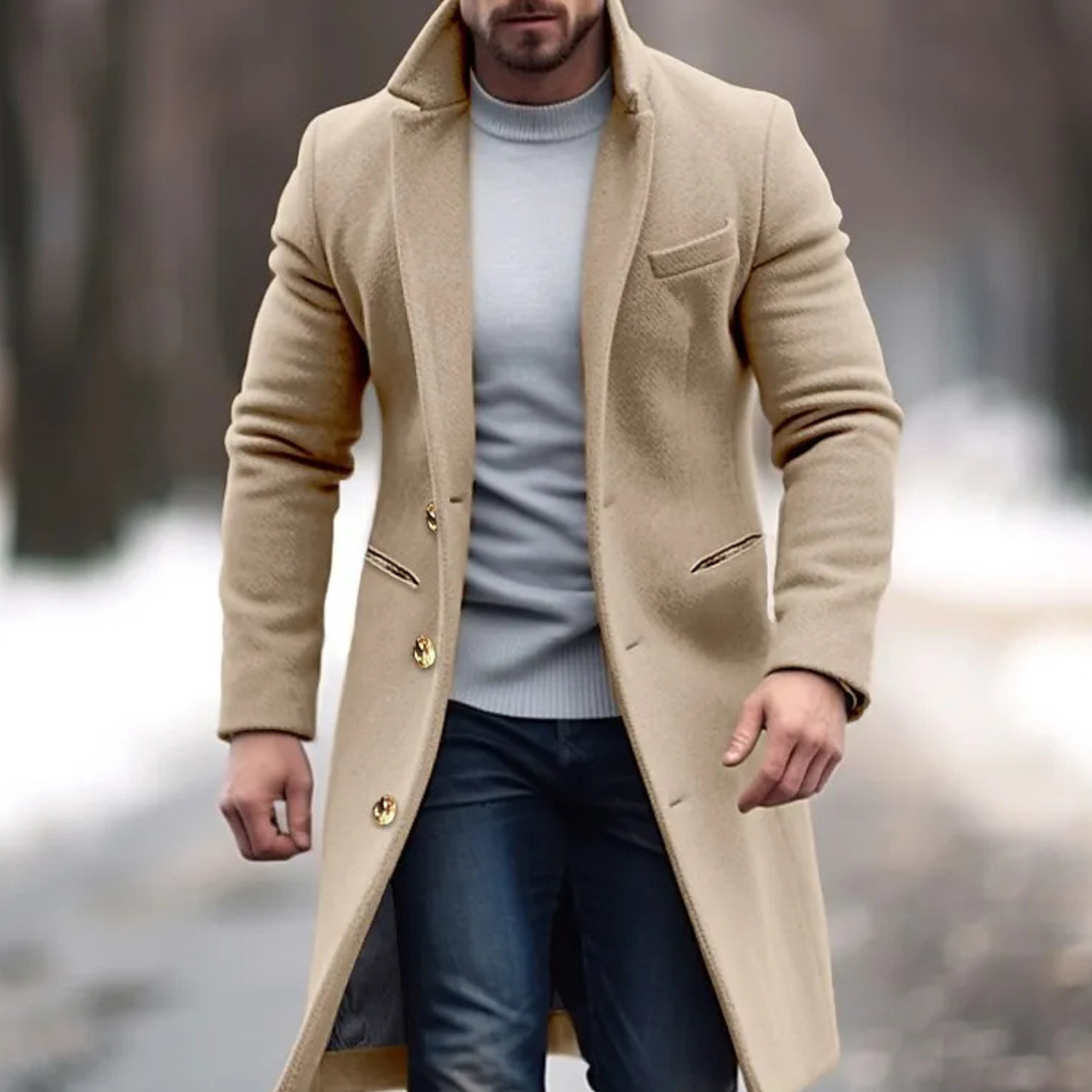 A beige winter overcoat with a tailored fit, featuring a notched lapel, three golden buttons, and two front flap pockets, worn over a light gray sweater and paired with jeans.