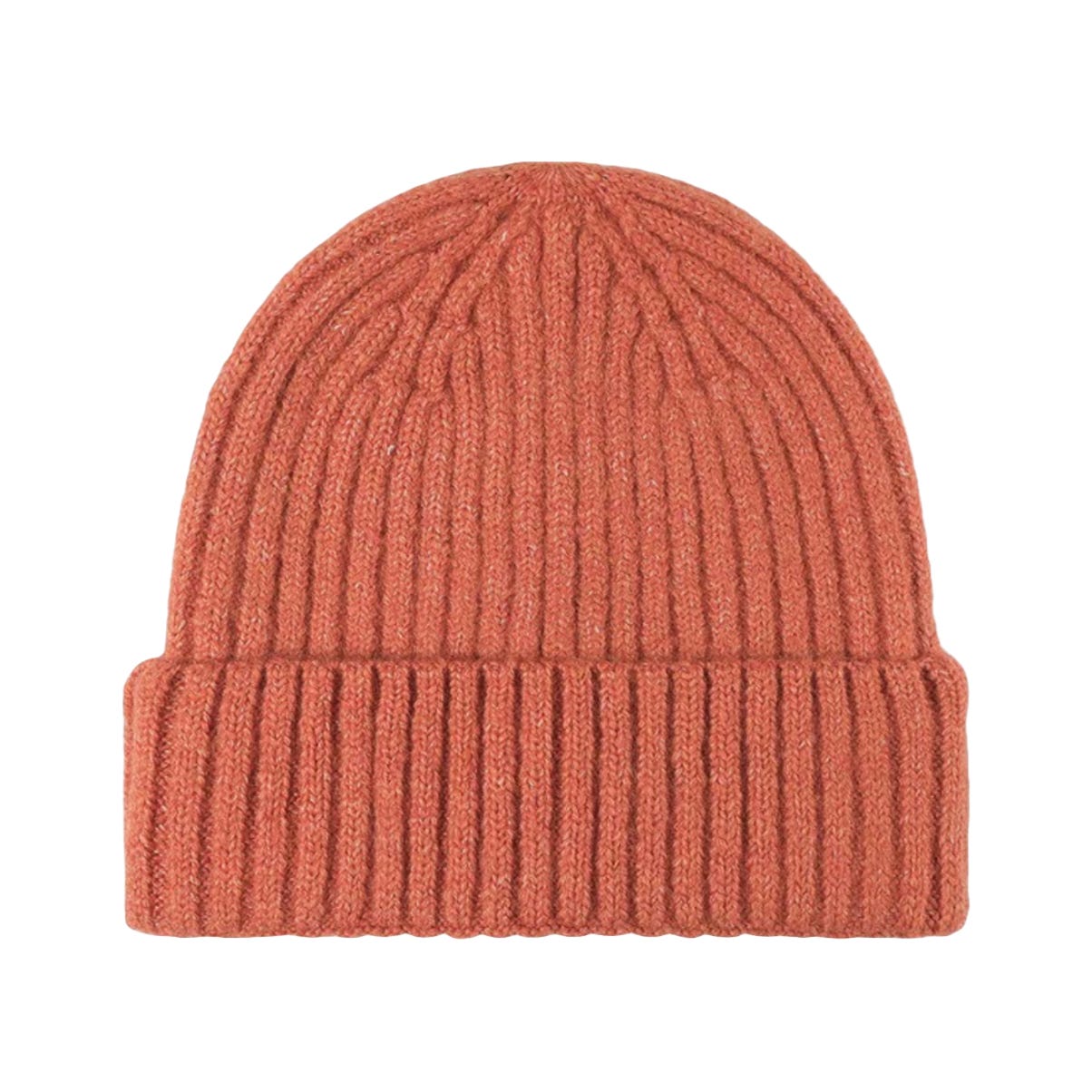 There is only one knit winter hat in the picture; it's ribbed, in a rusty orange color with a folded brim.
