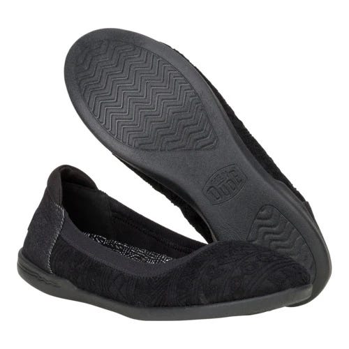 Black slip-on shoes with a textured design and flexible rubber sole featuring a zigzag tread pattern.