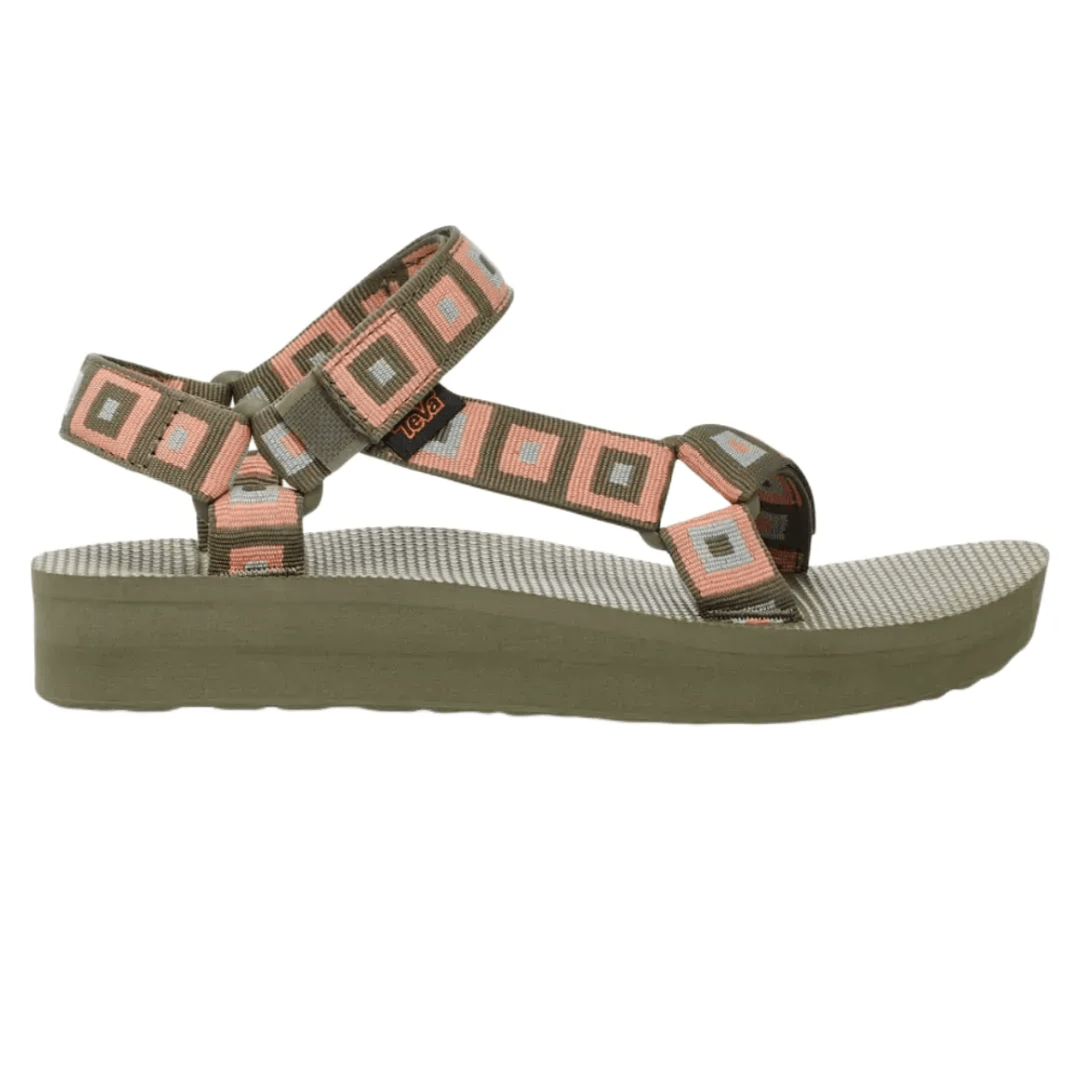 A sandal with patterned straps in peach, light blue, and olive green, featuring a platform sole.