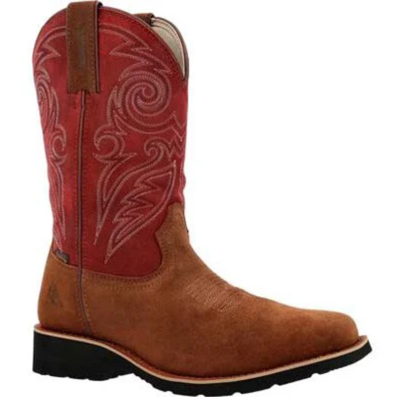 Red and brown Western boot with decorative stitching, featuring a pull-on design and a black rubber sole, branded as waterproof for outdoor use.