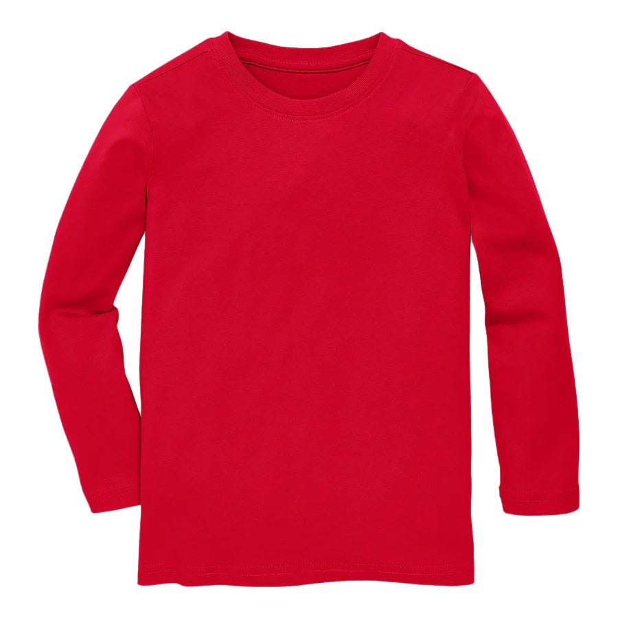 A plain red, long-sleeve, crewneck T-shirt with a simple design, made from soft fabric.