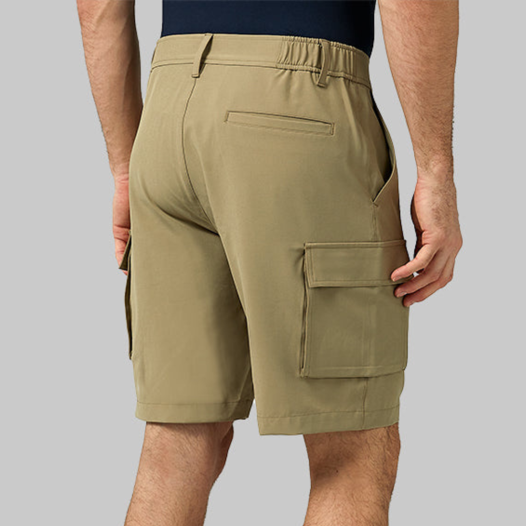 Olive green men's cargo shorts with a back pocket and additional side pocket on the thigh.