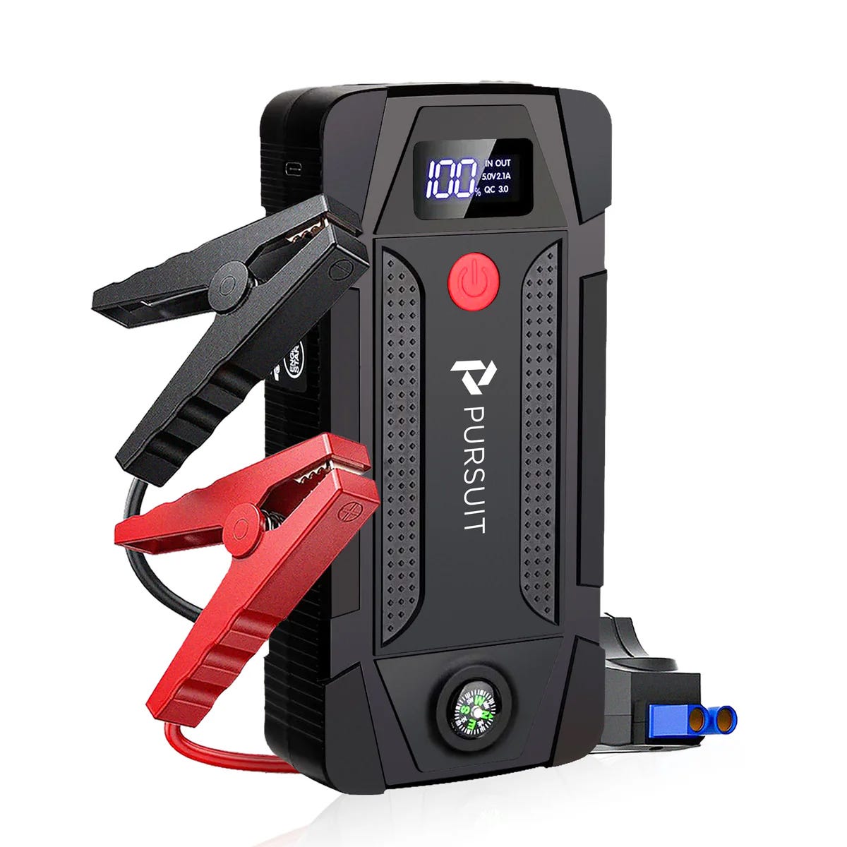 A compact, portable jump starter with red and black clamps, featuring an LED display, power button, and a built-in compass. The brand name \“PURSUIT\“ is printed on the front.