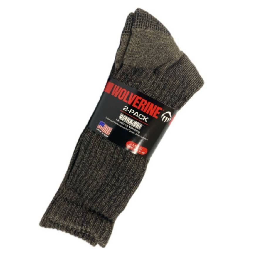 A pair of dark-colored Wolverine brand socks is displayed with a 2-pack label, indicating there are two pairs in the package.