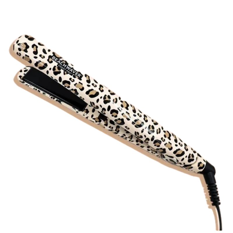 A leopard print hair straightener from Beachwaver Co. featuring a standard design with dual ceramic plates and a power cord.